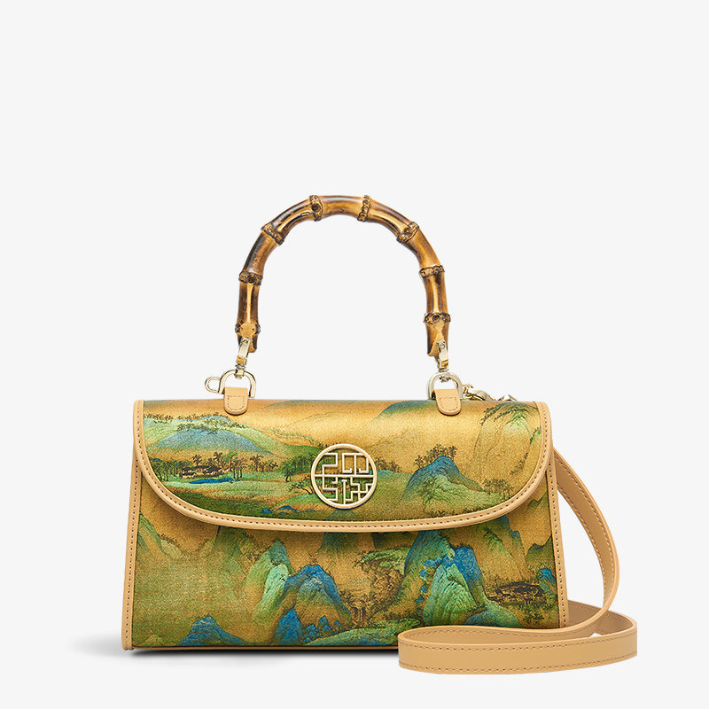 Chinese Painting Fragrant Cloud Silk Bamboo Handle Barrel Handbag