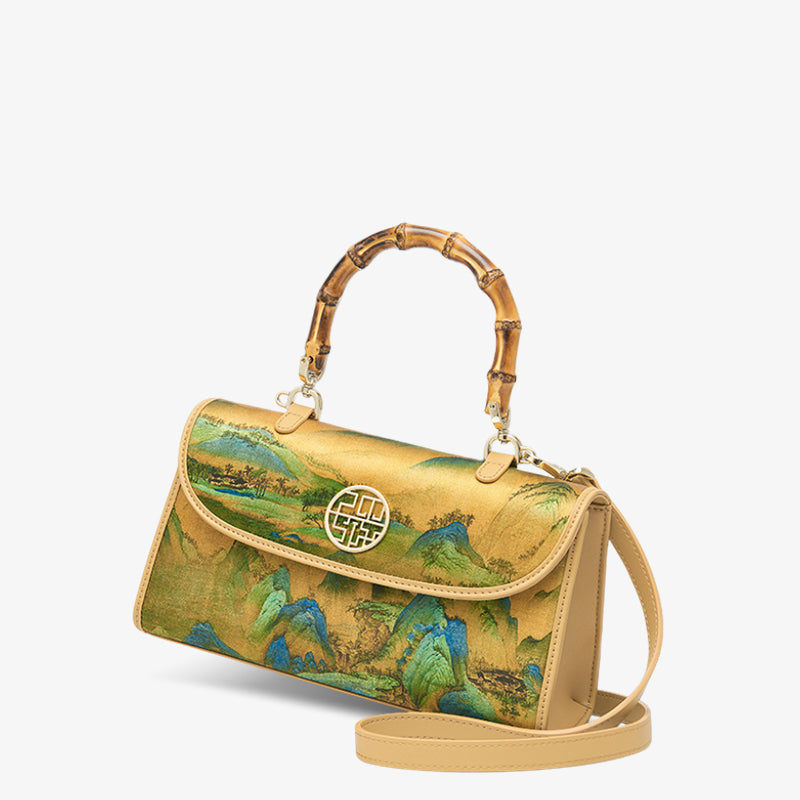 Chinese Painting Fragrant Cloud Silk Bamboo Handle Barrel Handbag
