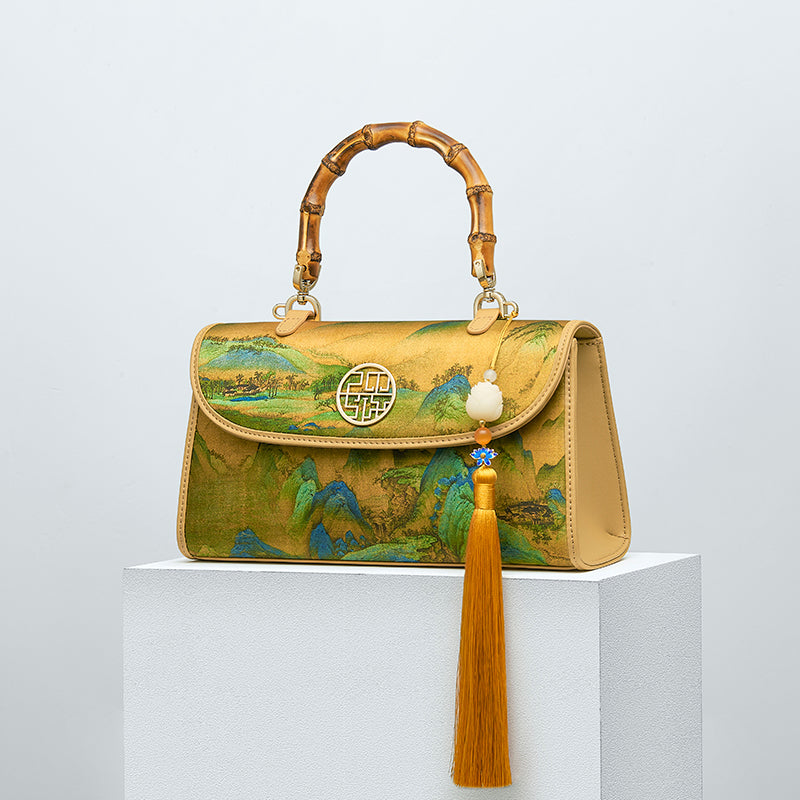 Chinese Painting Fragrant Cloud Silk Bamboo Handle Barrel Handbag