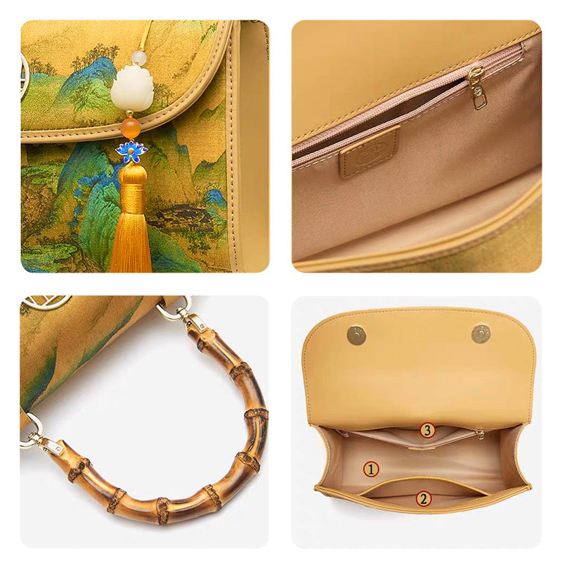 Chinese Painting Fragrant Cloud Silk Bamboo Handle Barrel Handbag