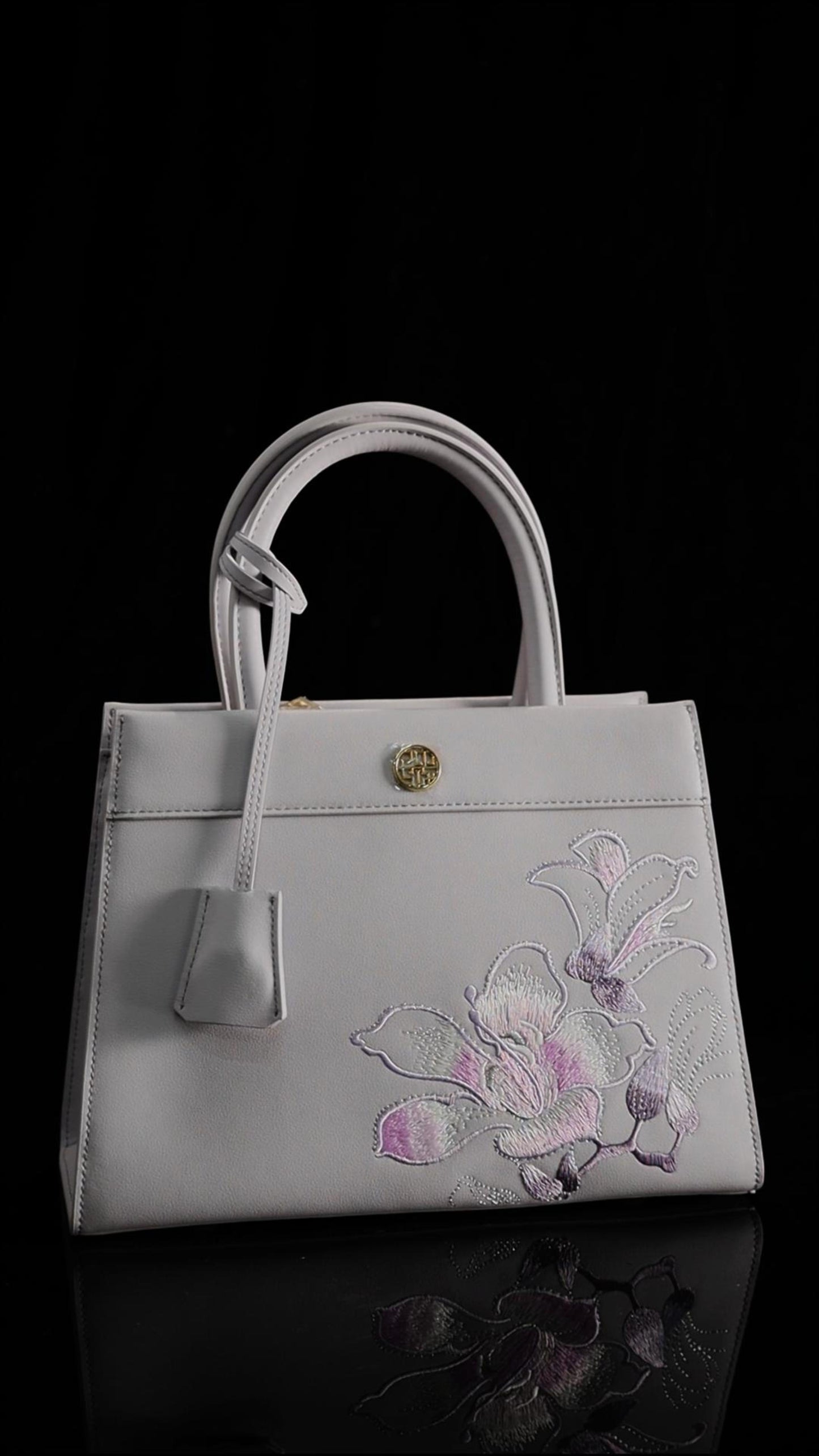 Embroidery Leather Tote Bag Purple Bauhinia Crossbody Handbag