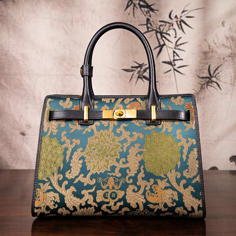 Handmade Song Brocade Chinoiserie Leather Kelly Bag