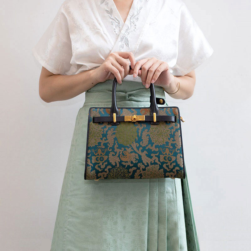 Handmade Song Brocade Chinoiserie Leather Kelly Bag