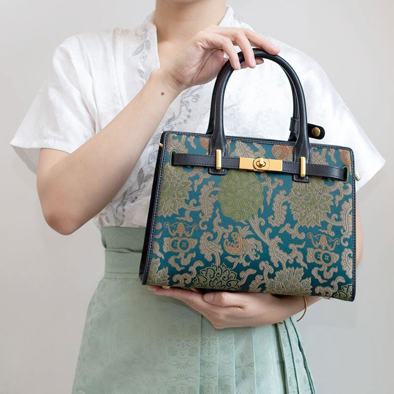 Handmade Song Brocade Chinoiserie Leather Kelly Bag
