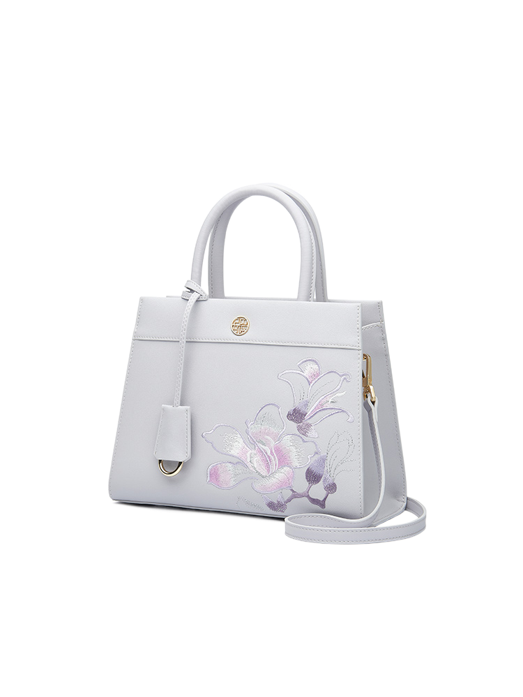 Embroidery Leather Tote Bag Purple Bauhinia Crossbody Handbag