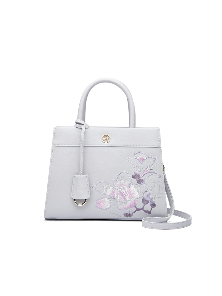 Embroidery Leather Tote Bag Purple Bauhinia Crossbody Handbag
