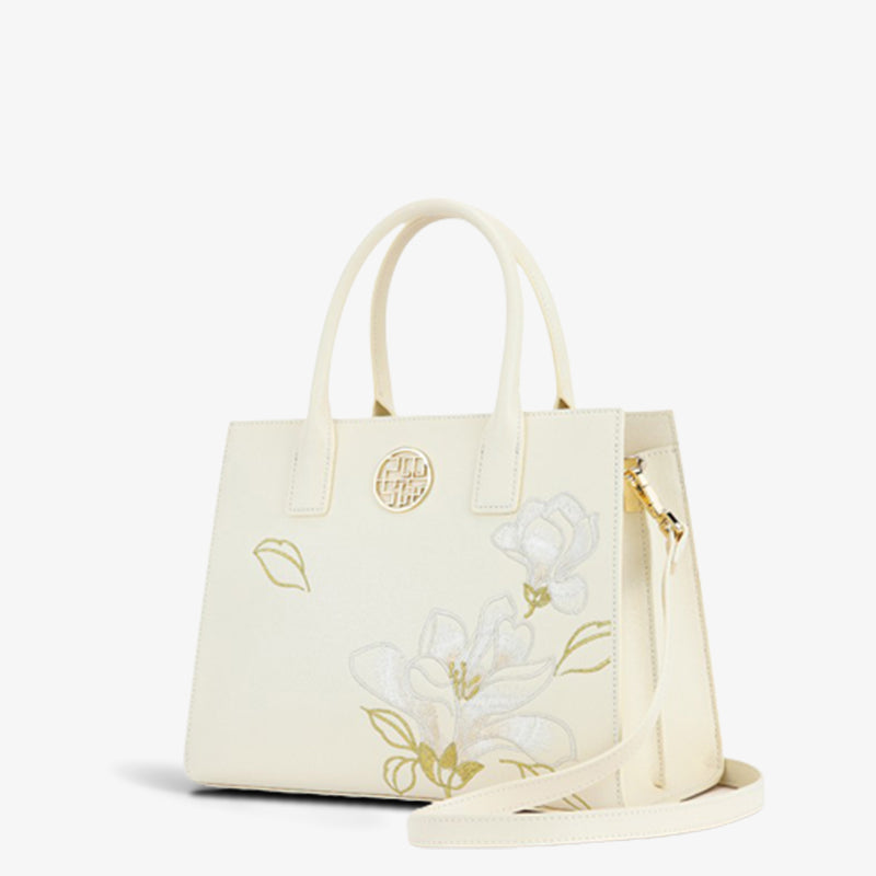 Embroidery Leather White Commuting Handbag Orchid