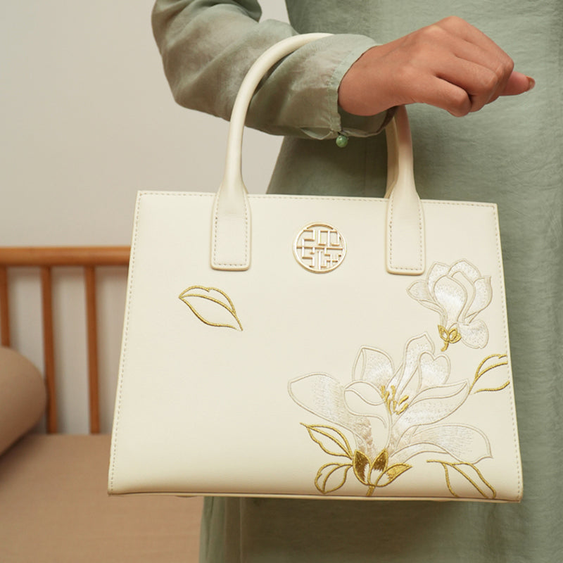 Embroidery Leather White Commuting Handbag Orchid