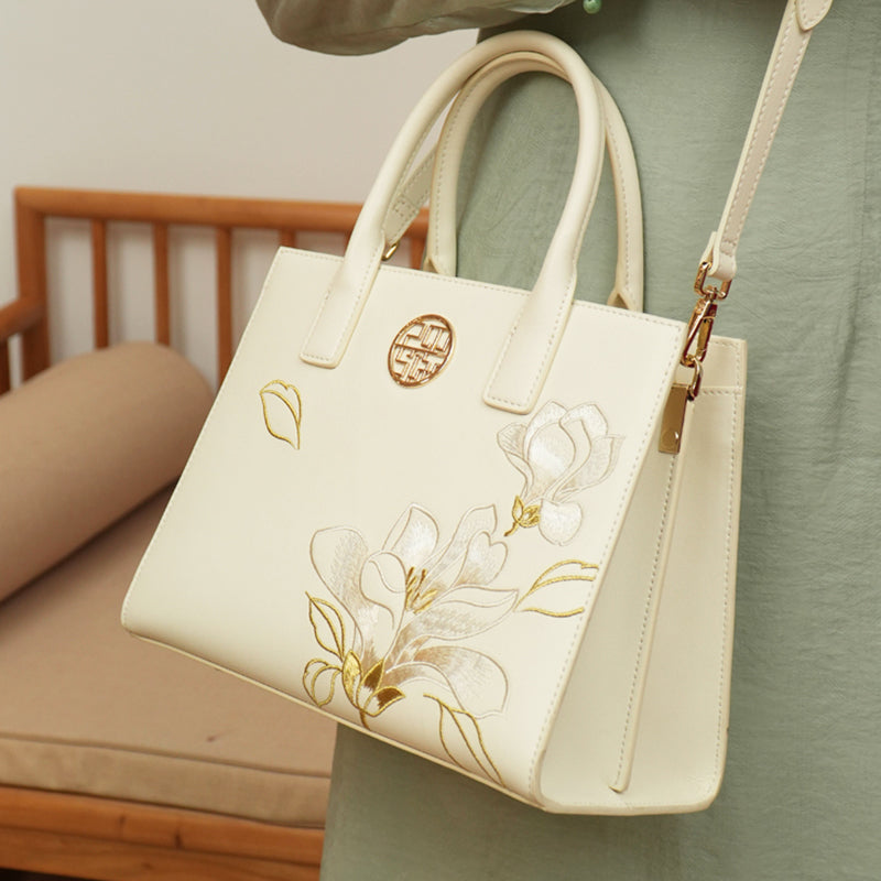 Embroidery Leather White Commuting Handbag Orchid