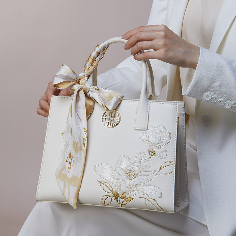 Embroidery Leather White Commuting Handbag Orchid