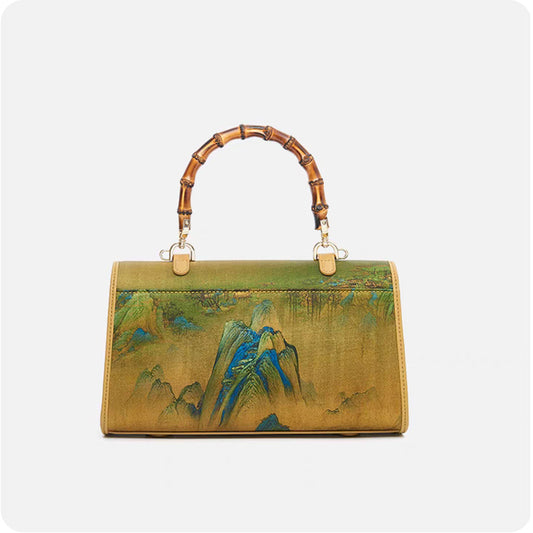 Chinese Painting Fragrant Cloud Silk Bamboo Handle Barrel Handbag