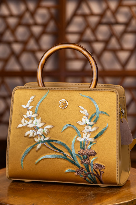 Handcraft Embroidery Silk Orchid Leather Handbag with Pendant