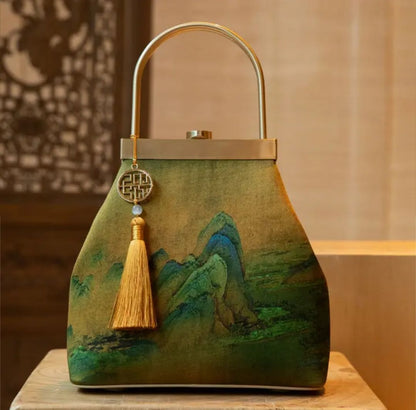 Chinese Painting Mulberry Silk Lux Kiss Lock Clutch Handbag