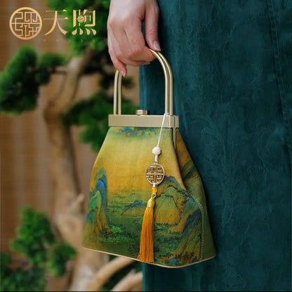 Chinese Painting Mulberry Silk Lux Kiss Lock Clutch Handbag